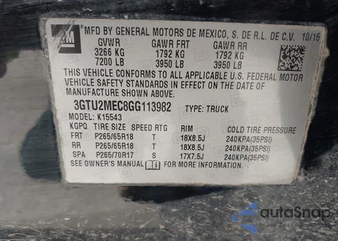 2016 GMC Sierra 1500 Sle from USA, damaged, VIN 3GTU2MEC8GG113982